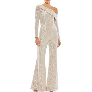 Mac Duggal Ieena Sequin One-Shoulder Long-Sleeve Jumpsuit size 8